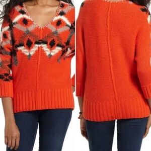 Anthropologie Orange : XS : Fiets Voor 2 V-Neck Sweater with Pattern